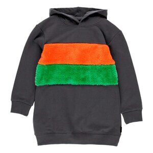 Fleece Charcoal Dress With Hoodie with Orange and Green Fuzzy Stripes